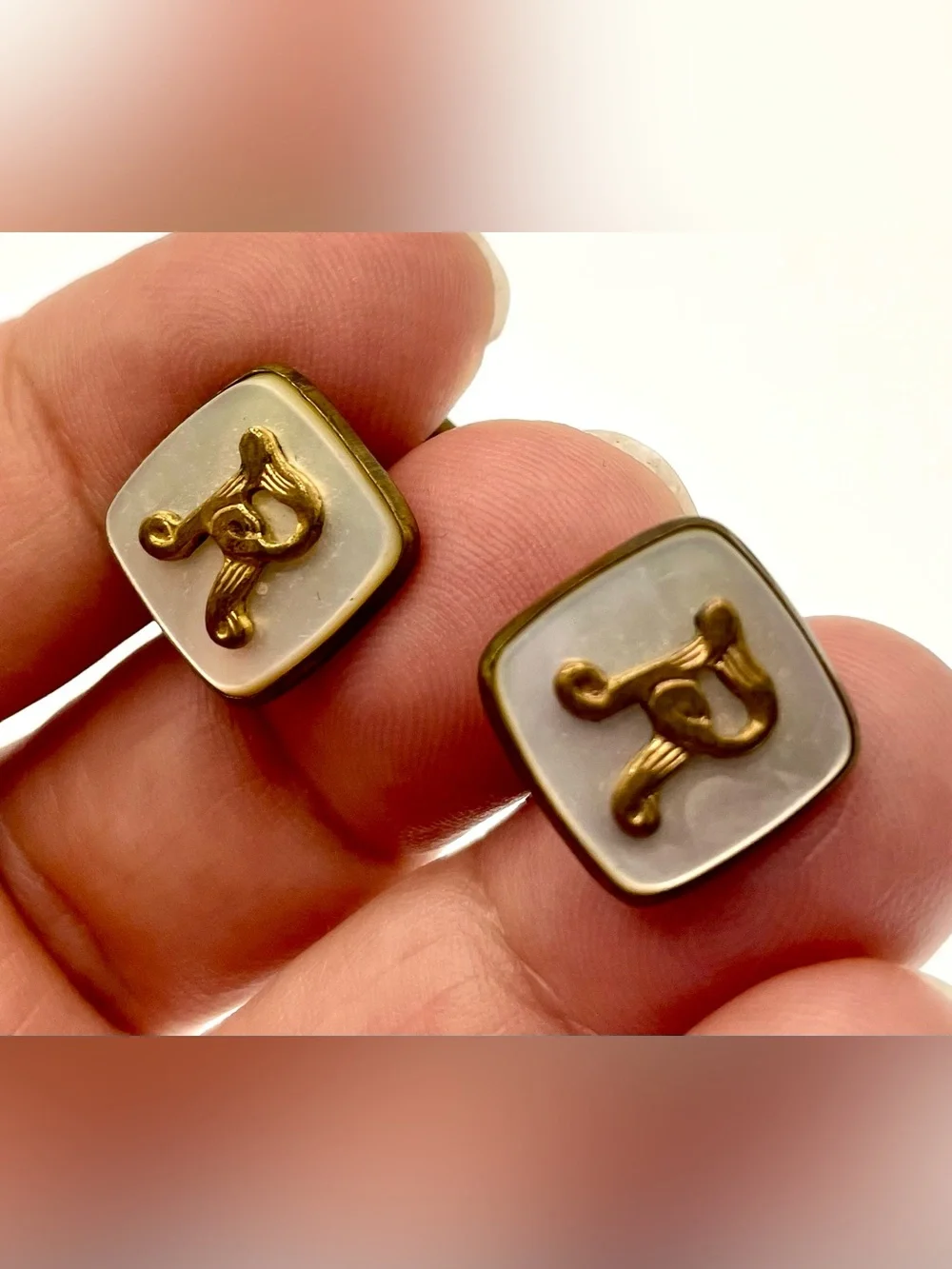 Vintage Mother of Pearl Monogram R Cufflinks Gold Tone Mid Century